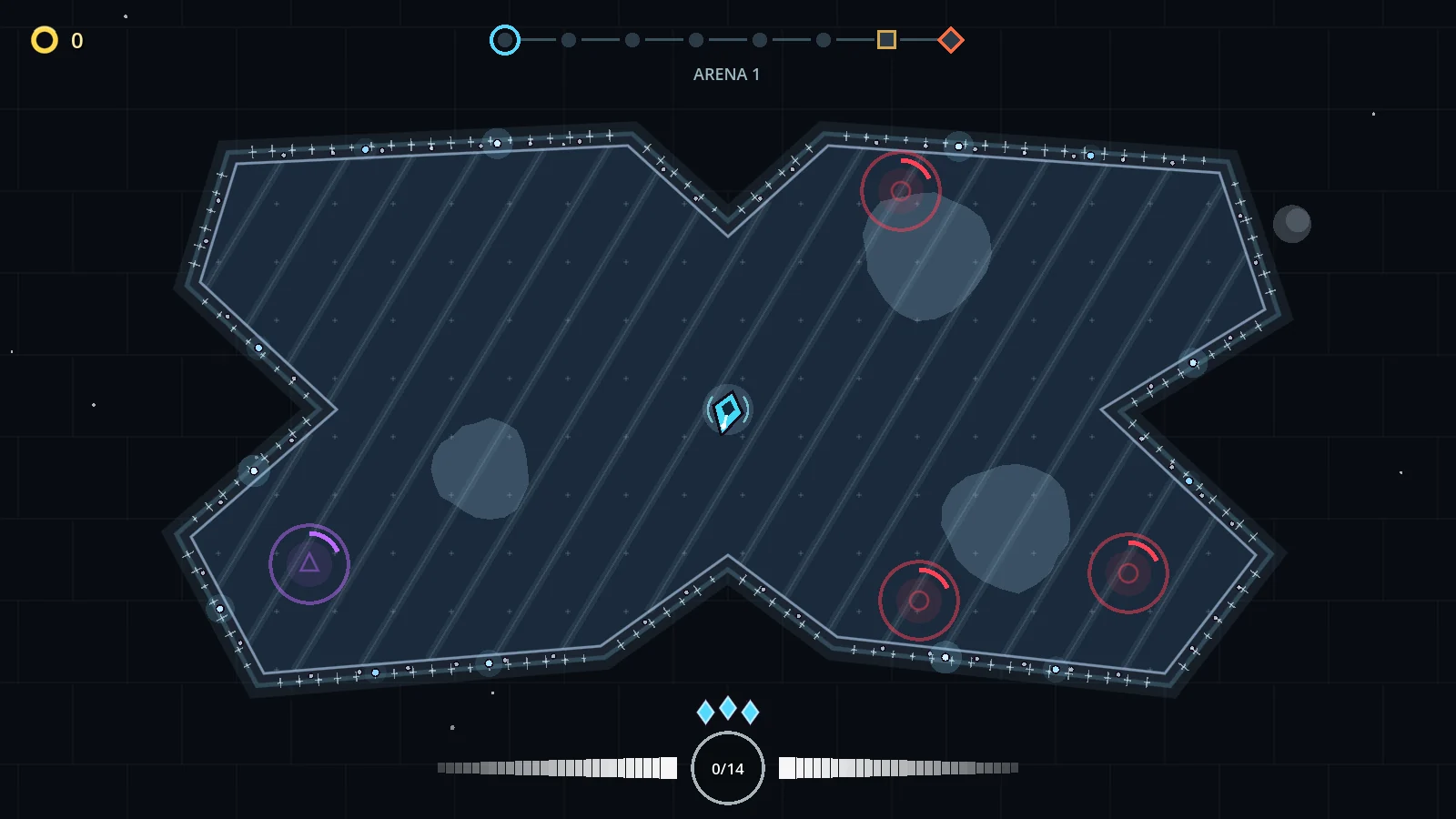 ONE MORE DASH gameplay: the cyan player faces enemies across an angular arena with icy floor hazards.