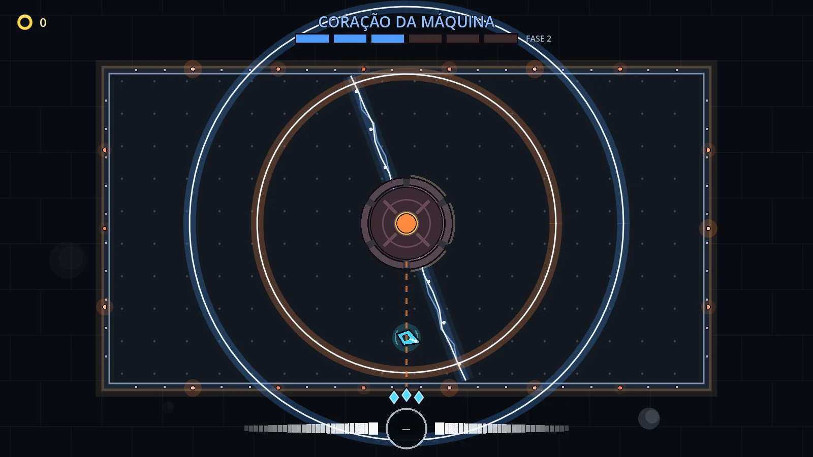 Machine Heart boss encounter with rotating laser beams and concentric attack rings.