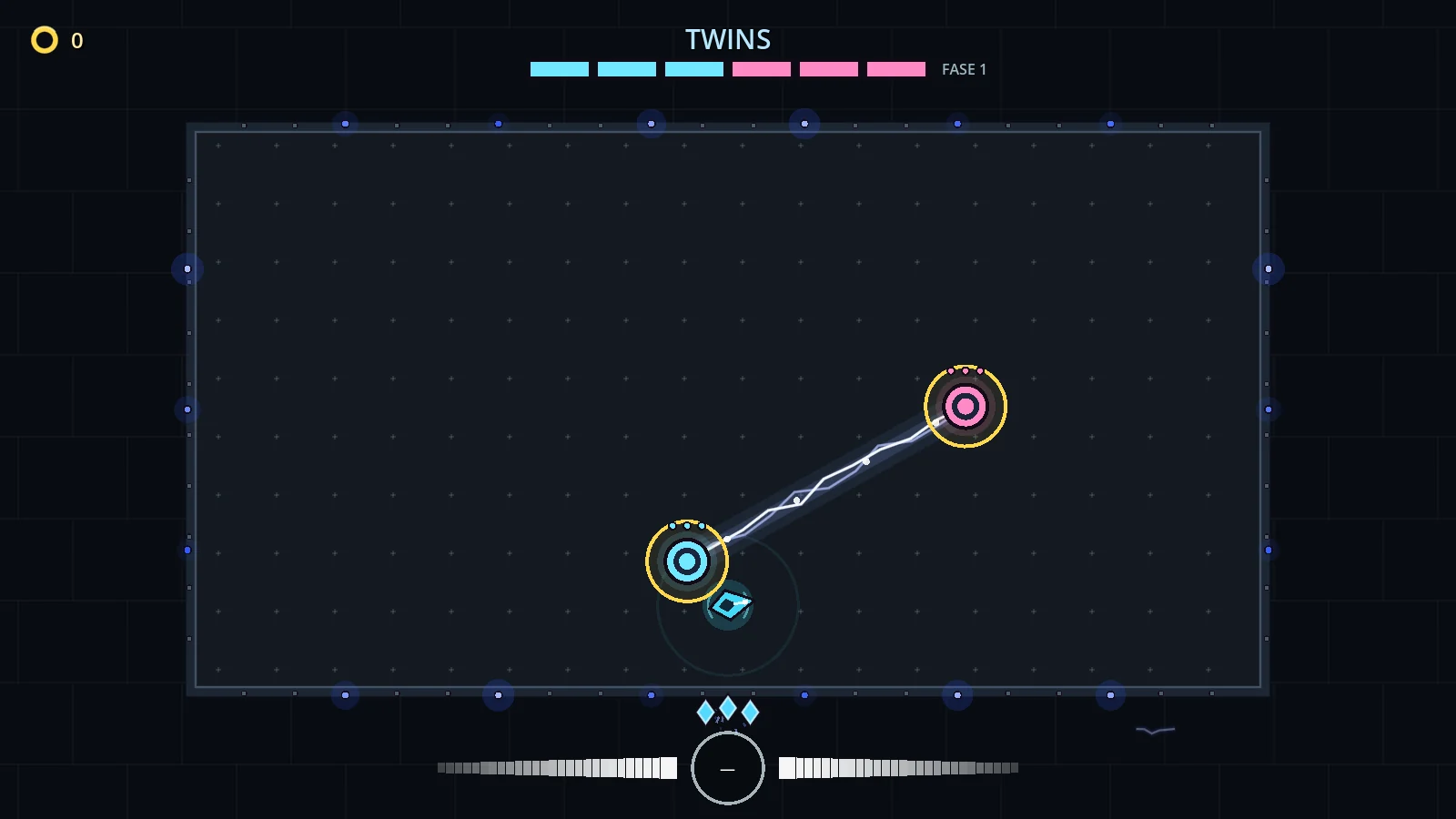 The Twins boss encounter: two colored cores linked by an electric beam, with the player nearby.